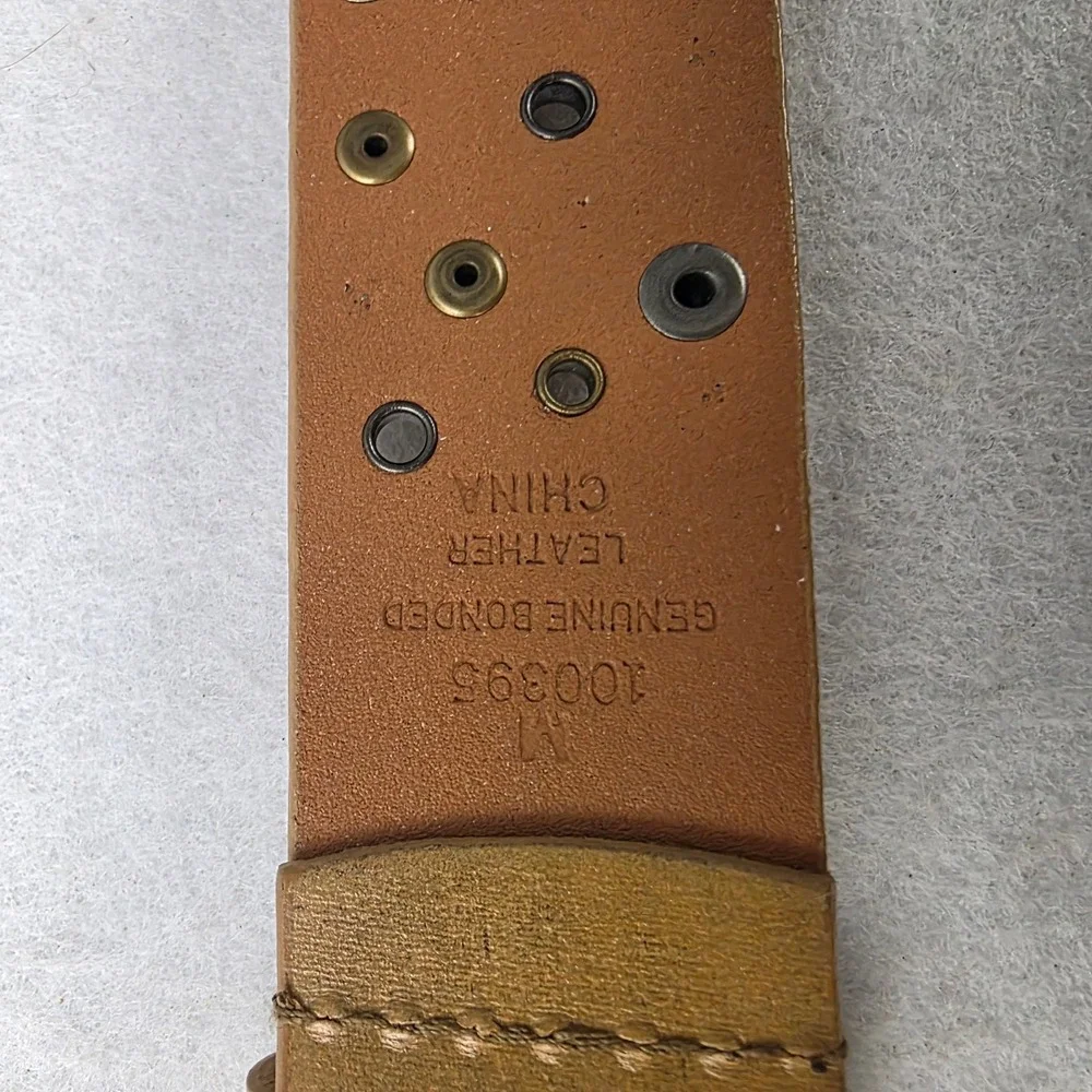 Tan Bonded Leather Studded Grommet Belt Brass Buckle Medium 100395